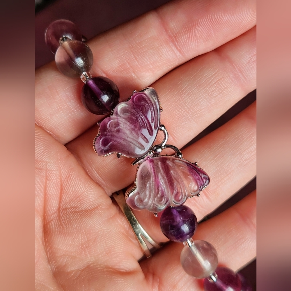Handmade Genuine Candy Fluorite Butterfly Charm Beaded Crystal Bracelet - Picture 5 of 10